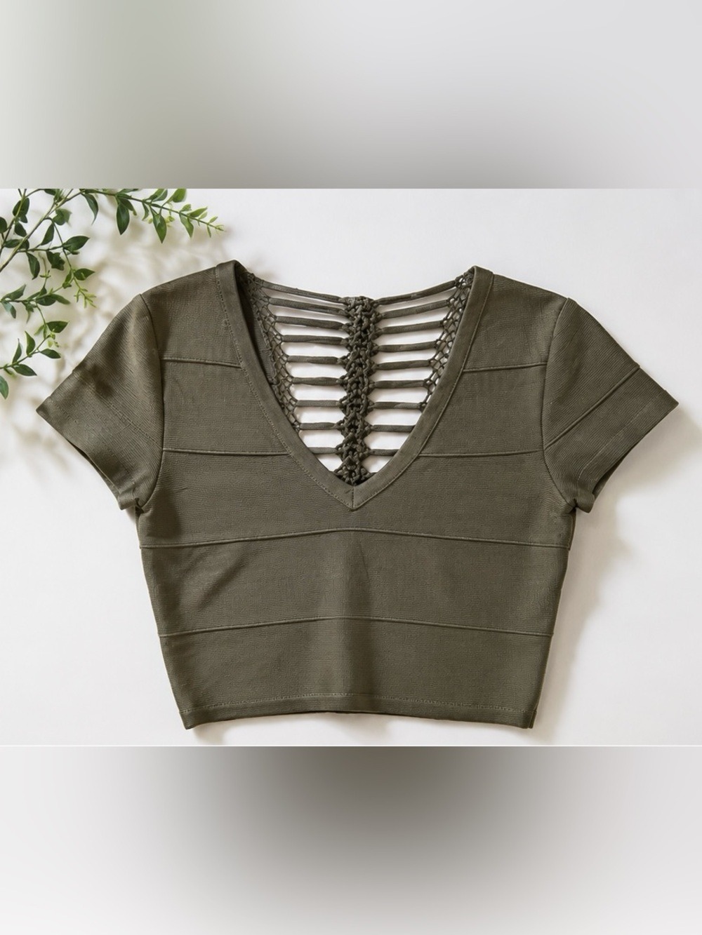 Vintage Bebe Y2K Olive Green Seatbelt Bandage Crop Top Crochet Back
Size Small